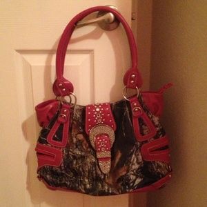 Pink camo Rhinestone buckle purse